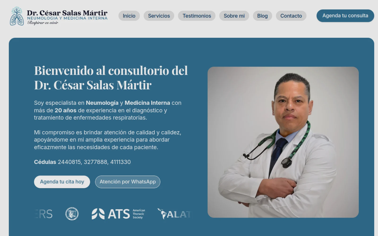 Home de respiraresvivir.com — 'Bienvenido al consultorio del Dr. César Salas Mártir', neumólogo, con su foto y credenciales